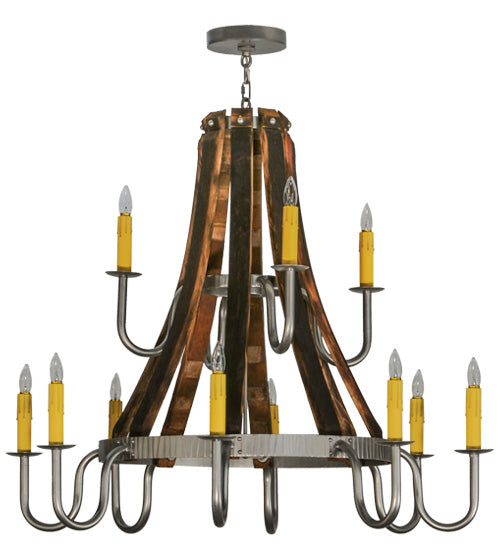 Meyda Lighting Barrel Stave 44" 12-Light 2-Tier Nickel Powder Coat Madera Chandelier With Ivory Faux Candlelight