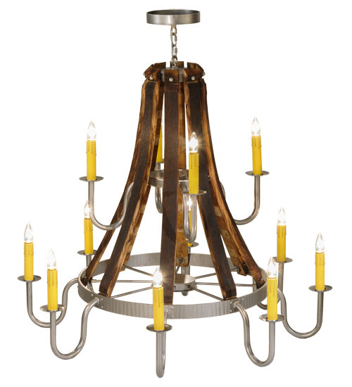 Meyda Lighting Barrel Stave 44" 12-Light 2-Tier Nickel Powder Coat Madera Chandelier With Ivory Faux Candlelight