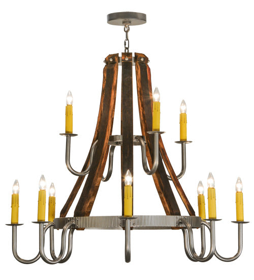 Meyda Lighting Barrel Stave 44" 12-Light 2-Tier Nickel Powder Coat Madera Chandelier With Ivory Faux Candlelight