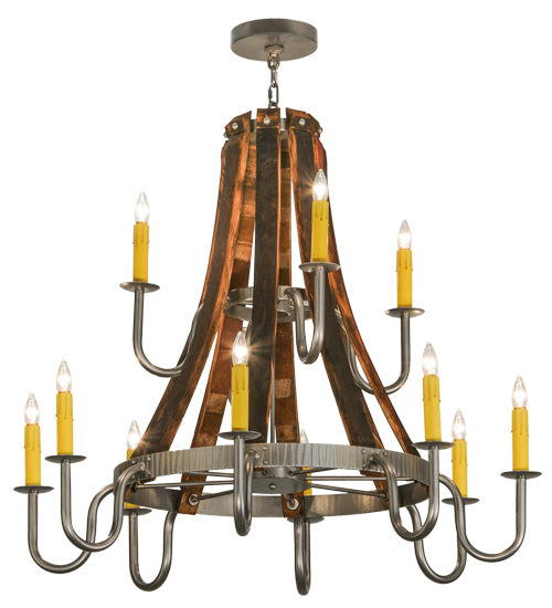 Meyda Lighting Barrel Stave 44" 12-Light 2-Tier Nickel Powder Coat Madera Chandelier With Ivory Faux Candlelight