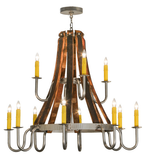 Meyda Lighting Barrel Stave 44" 12-Light 2-Tier Nickel Powder Coat Madera Chandelier With Ivory Faux Candlelight