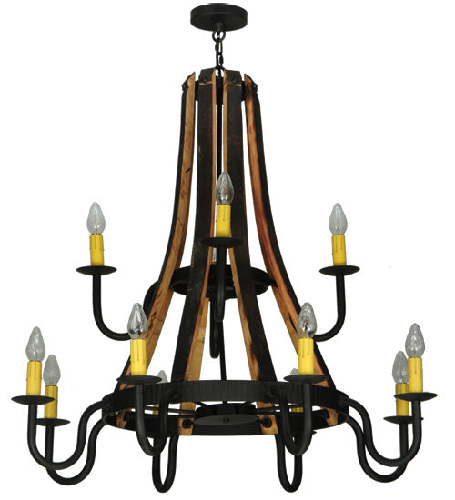 Meyda Lighting Barrel Stave 44" 12-Light 2-Tier Wrought Iron Madera Chandelier With Ivory Faux Candlelight