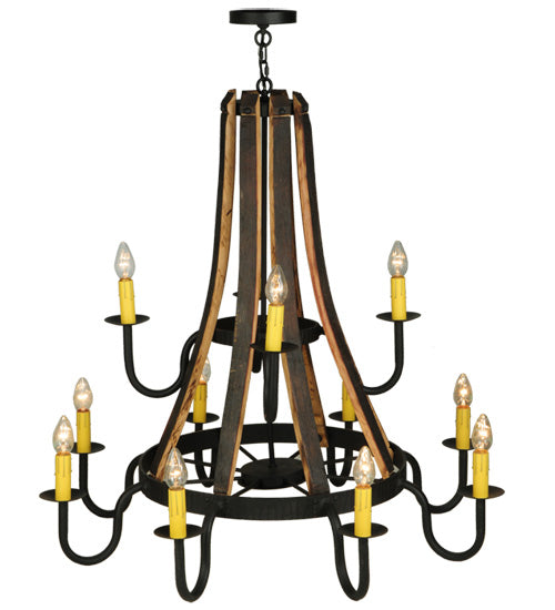 Meyda Lighting Barrel Stave 44" 12-Light 2-Tier Wrought Iron Madera Chandelier With Ivory Faux Candlelight