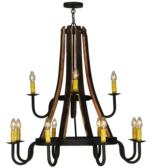 Meyda Lighting Barrel Stave 44" 12-Light 2-Tier Wrought Iron Madera Chandelier With Ivory Faux Candlelight