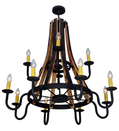 Meyda Lighting Barrel Stave 44" 12-Light 2-Tier Wrought Iron Madera Chandelier With Ivory Faux Candlelight