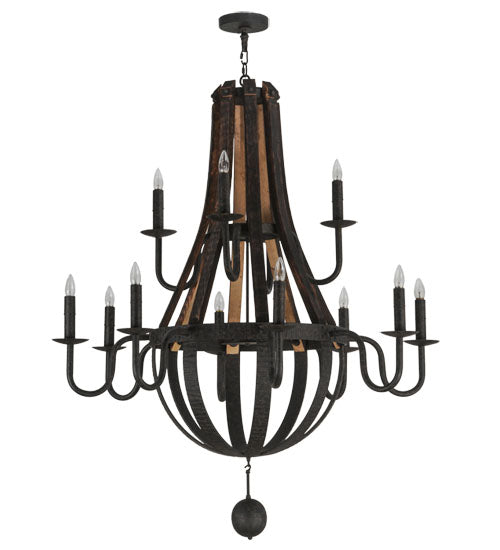 Meyda Lighting Barrel Stave 48" 12-Light 2-Tier Coffee Bean Madera Chandelier With Black Faux Candlelight