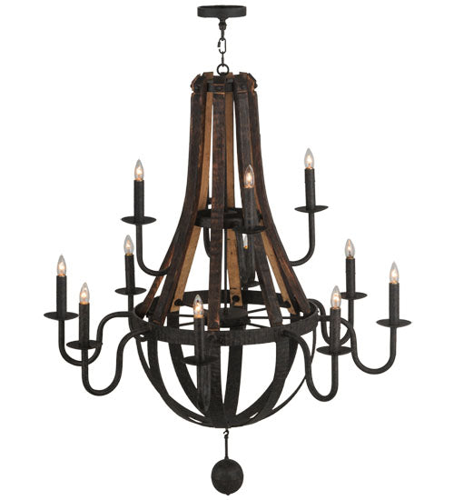 Meyda Lighting Barrel Stave 48" 12-Light 2-Tier Coffee Bean Madera Chandelier With Black Faux Candlelight