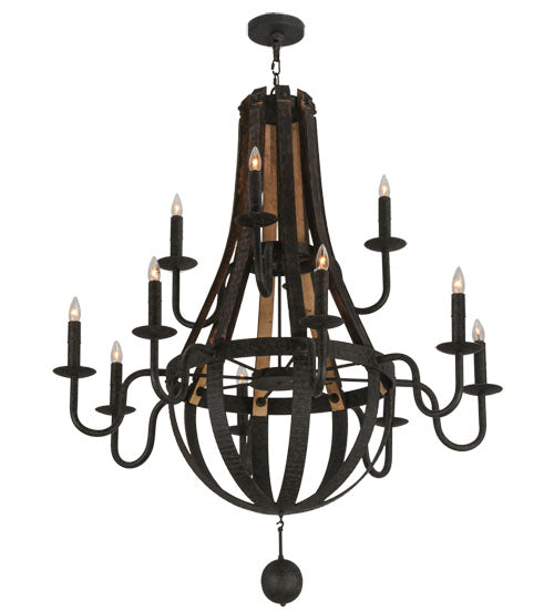 Meyda Lighting Barrel Stave 48" 12-Light 2-Tier Coffee Bean Madera Chandelier With Black Faux Candlelight