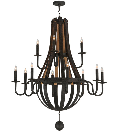 Meyda Lighting Barrel Stave 48" 12-Light 2-Tier Coffee Bean Madera Chandelier With Black Faux Candlelight