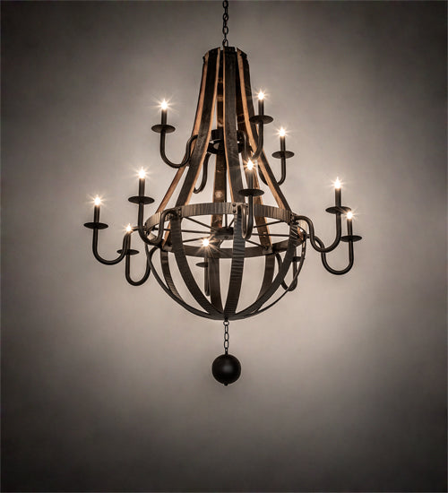Meyda Lighting Barrel Stave 48" 12-Light 2-Tier Natural Wood & Oil Rubbed Bronze Madera Chandelier