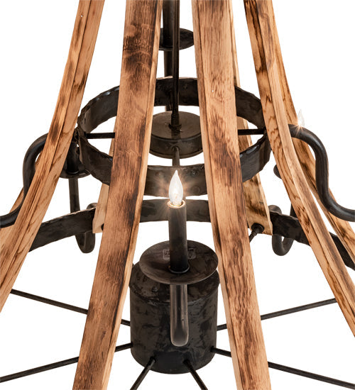 Meyda Lighting Barrel Stave 54" 13-Light Natural Wood & Costello Black Madera Chandelier With Black Faux Candlelight