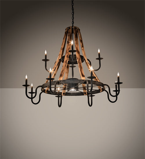Meyda Lighting Barrel Stave 54" 13-Light Natural Wood & Costello Black Madera Chandelier With Black Faux Candlelight
