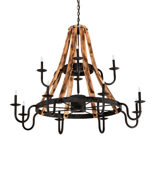 Meyda Lighting Barrel Stave 54" 13-Light Natural Wood & Costello Black Madera Chandelier With Black Faux Candlelight