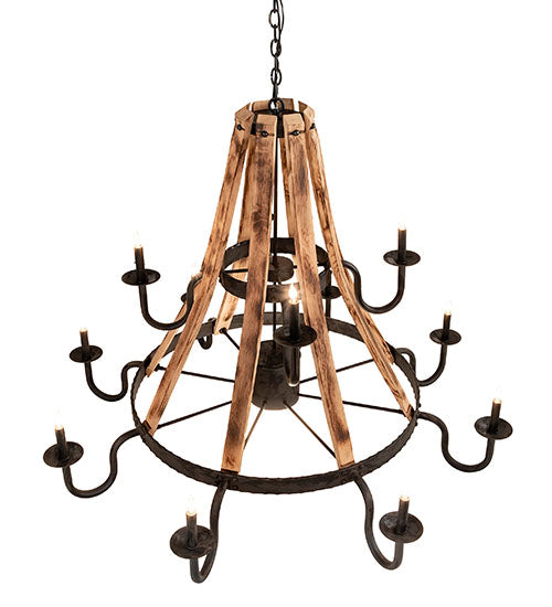 Meyda Lighting Barrel Stave 54" 13-Light Natural Wood & Costello Black Madera Chandelier With Black Faux Candlelight