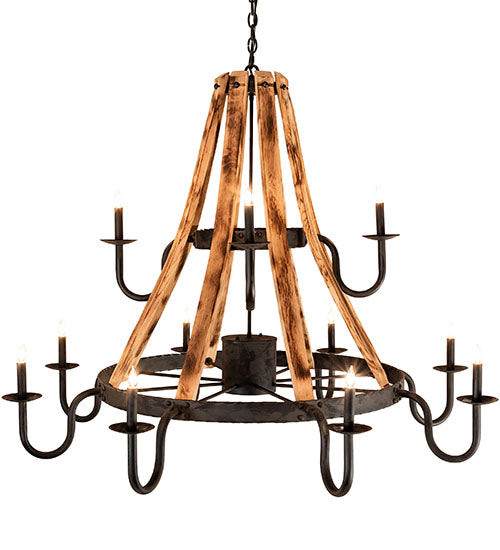 Meyda Lighting Barrel Stave 54" 13-Light Natural Wood & Costello Black Madera Chandelier With Black Faux Candlelight