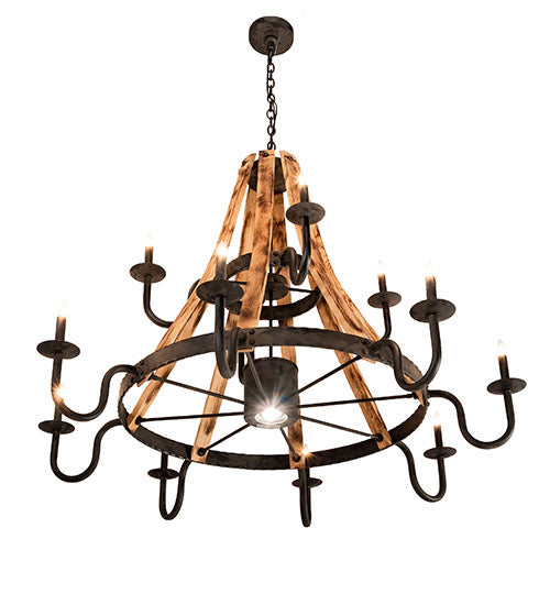Meyda Lighting Barrel Stave 54" 13-Light Natural Wood & Costello Black Madera Chandelier With Black Faux Candlelight