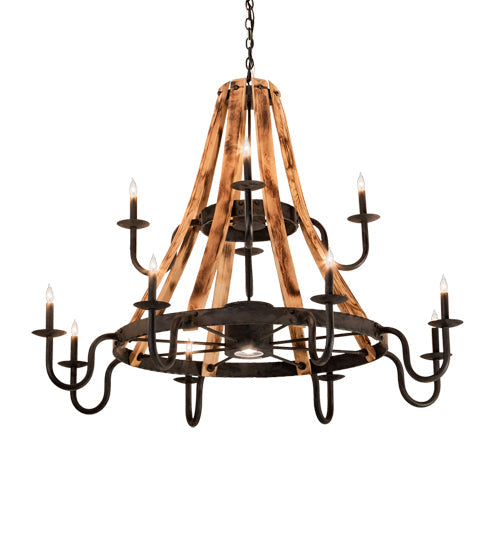 Meyda Lighting Barrel Stave 54" 13-Light Natural Wood & Costello Black Madera Chandelier With Black Faux Candlelight