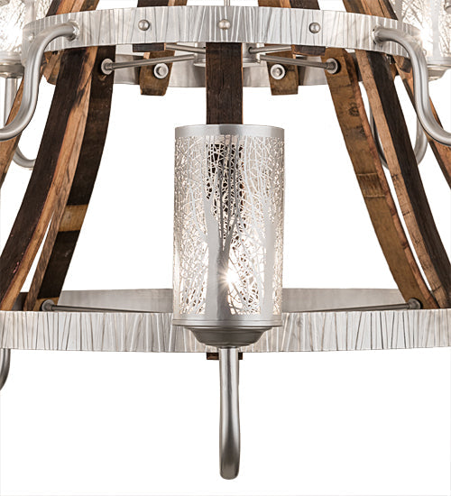 Meyda Lighting Barrel Stave 60" 12-Light 2-Tier Brushed Nickel & Charred Wood Winter Maple Chandelier With Clear & Silver Shade Glass