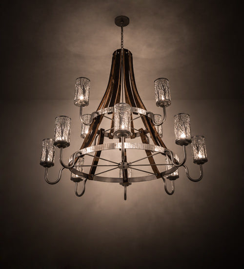 Meyda Lighting Barrel Stave 60" 12-Light 2-Tier Brushed Nickel & Charred Wood Winter Maple Chandelier With Clear & Silver Shade Glass
