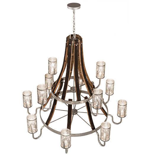 Meyda Lighting Barrel Stave 60" 12-Light 2-Tier Brushed Nickel & Charred Wood Winter Maple Chandelier With Clear & Silver Shade Glass