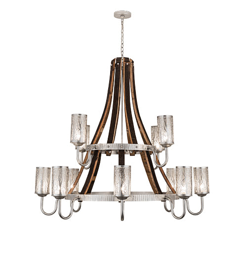 Meyda Lighting Barrel Stave 60" 12-Light 2-Tier Brushed Nickel & Charred Wood Winter Maple Chandelier With Clear & Silver Shade Glass