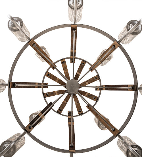 Meyda Lighting Barrel Stave 60" 12-Light 2-Tier Brushed Nickel & Charred Wood Winter Maple Chandelier With Clear & Silver Shade Glass