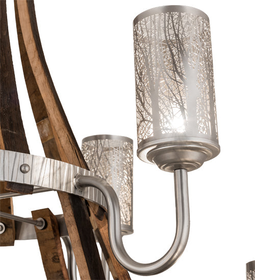 Meyda Lighting Barrel Stave 60" 12-Light 2-Tier Brushed Nickel & Charred Wood Winter Maple Chandelier With Clear & Silver Shade Glass