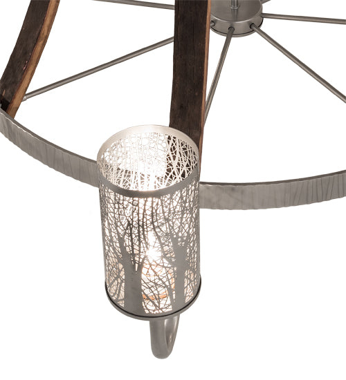 Meyda Lighting Barrel Stave 60" 12-Light 2-Tier Brushed Nickel & Charred Wood Winter Maple Chandelier With Clear & Silver Shade Glass