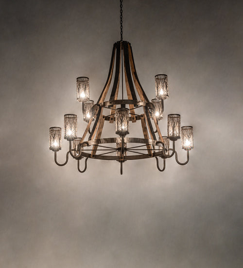 Meyda Lighting Barrel Stave 60" 12-Light 2-Tier Tyler Bronze & Natural Wood Winter Maple Chandelier