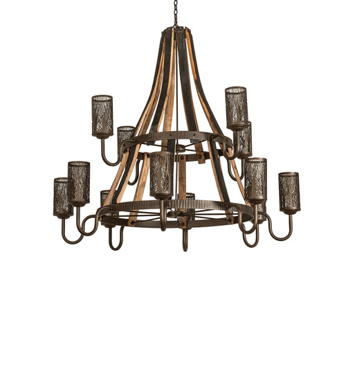Meyda Lighting Barrel Stave 60" 12-Light 2-Tier Tyler Bronze & Natural Wood Winter Maple Chandelier