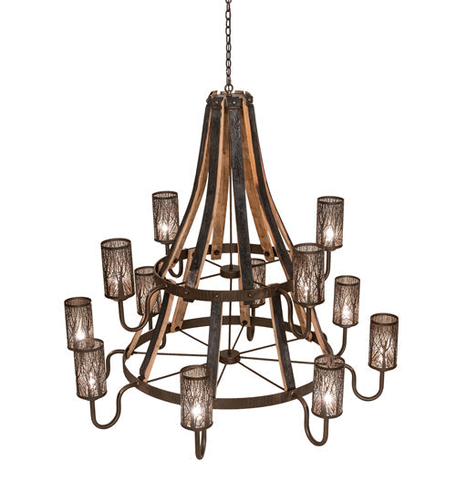Meyda Lighting Barrel Stave 60" 12-Light 2-Tier Tyler Bronze & Natural Wood Winter Maple Chandelier