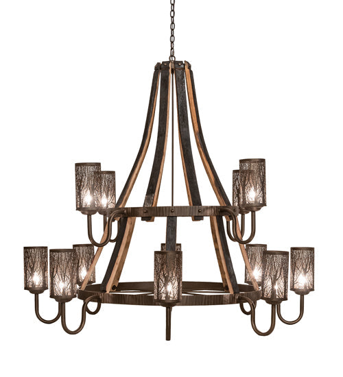 Meyda Lighting Barrel Stave 60" 12-Light 2-Tier Tyler Bronze & Natural Wood Winter Maple Chandelier