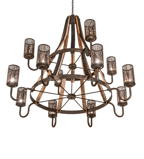 Meyda Lighting Barrel Stave 60" 12-Light 2-Tier Tyler Bronze & Natural Wood Winter Maple Chandelier