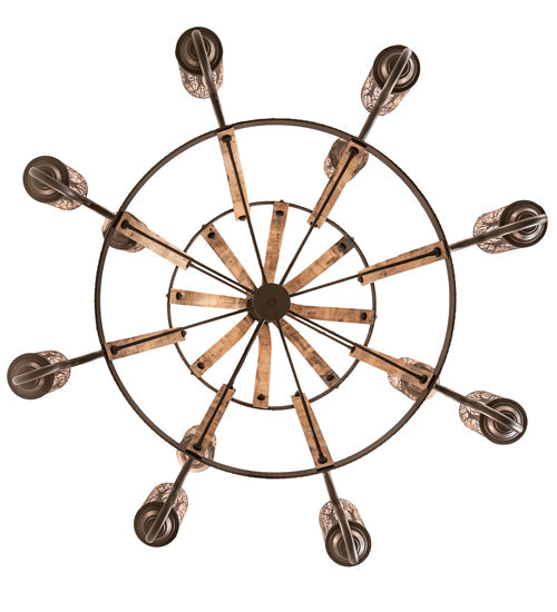 Meyda Lighting Barrel Stave 60" 12-Light 2-Tier Tyler Bronze & Natural Wood Winter Maple Chandelier