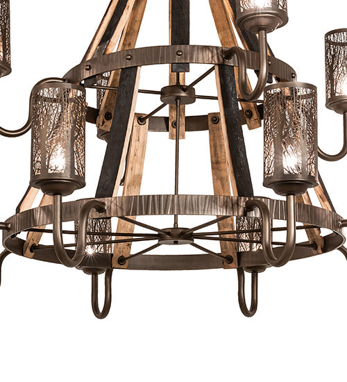 Meyda Lighting Barrel Stave 60" 12-Light 2-Tier Tyler Bronze & Natural Wood Winter Maple Chandelier