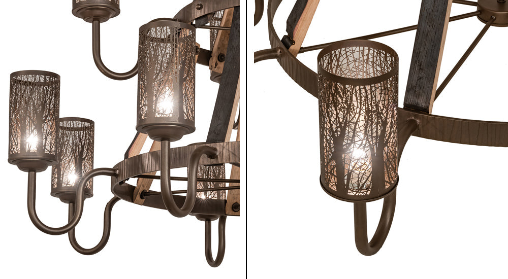 Meyda Lighting Barrel Stave 60" 12-Light 2-Tier Tyler Bronze & Natural Wood Winter Maple Chandelier
