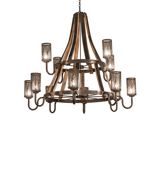 Meyda Lighting Barrel Stave 60" 12-Light 2-Tier Tyler Bronze & Natural Wood Winter Maple Chandelier