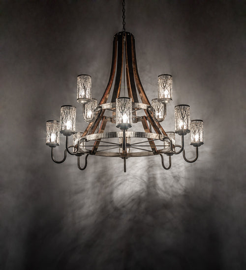 Meyda Lighting Barrel Stave 61" 12-Light 2-Tier Industrial Steel & Charred Wood Winter Maple Chandelier