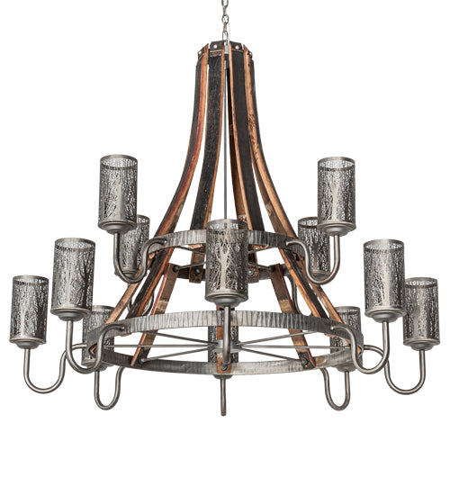 Meyda Lighting Barrel Stave 61" 12-Light 2-Tier Industrial Steel & Charred Wood Winter Maple Chandelier