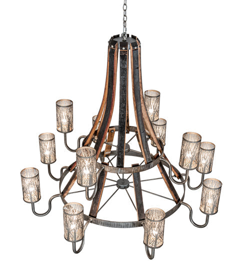 Meyda Lighting Barrel Stave 61" 12-Light 2-Tier Industrial Steel & Charred Wood Winter Maple Chandelier