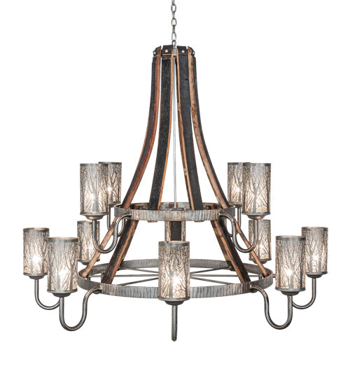 Meyda Lighting Barrel Stave 61" 12-Light 2-Tier Industrial Steel & Charred Wood Winter Maple Chandelier