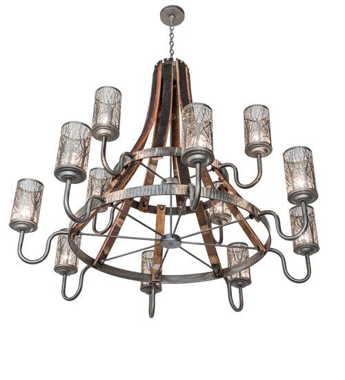 Meyda Lighting Barrel Stave 61" 12-Light 2-Tier Industrial Steel & Charred Wood Winter Maple Chandelier