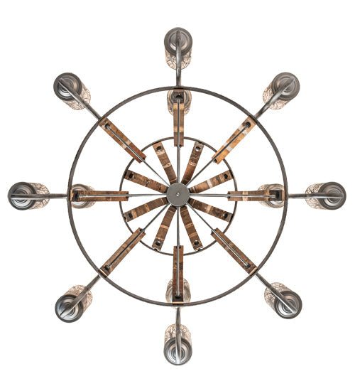 Meyda Lighting Barrel Stave 61" 12-Light 2-Tier Industrial Steel & Charred Wood Winter Maple Chandelier