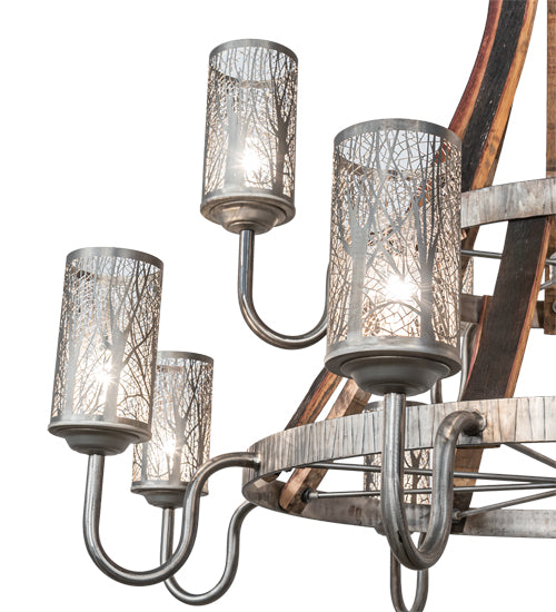 Meyda Lighting Barrel Stave 61" 12-Light 2-Tier Industrial Steel & Charred Wood Winter Maple Chandelier