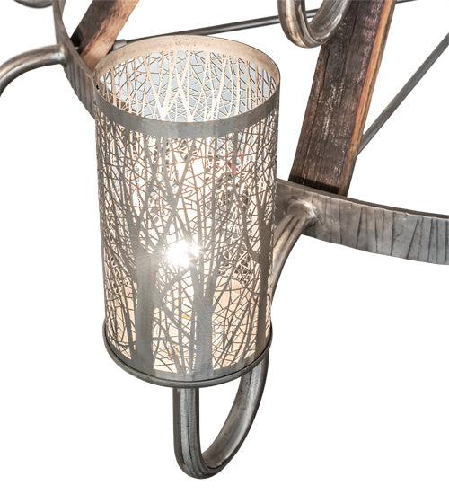 Meyda Lighting Barrel Stave 61" 12-Light 2-Tier Industrial Steel & Charred Wood Winter Maple Chandelier