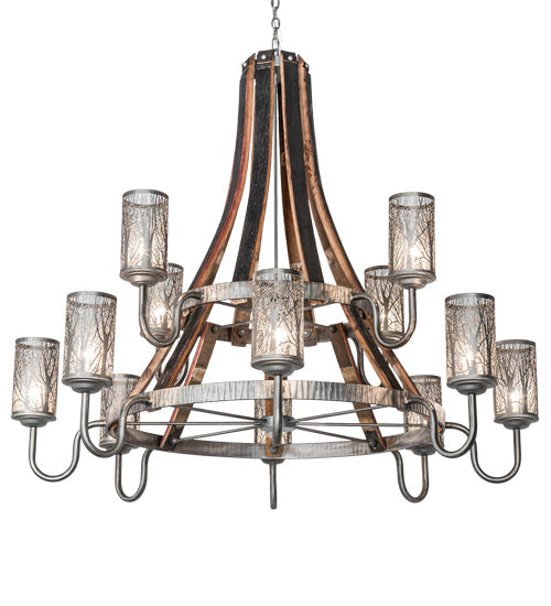 Meyda Lighting Barrel Stave 61" 12-Light 2-Tier Industrial Steel & Charred Wood Winter Maple Chandelier