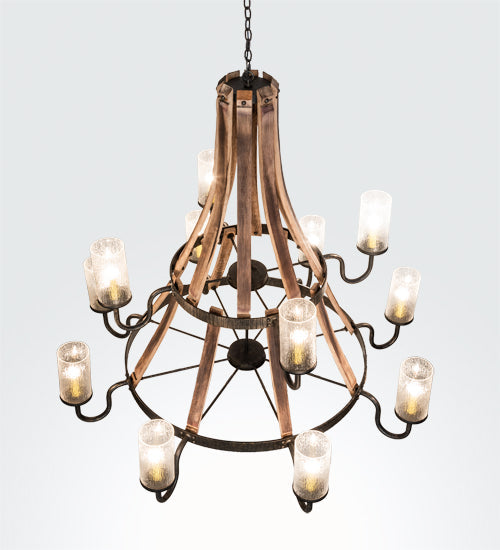 Meyda Lighting Barrel Stave 61" 12-Light Natural Wood & Golden Bronze Chandelier With Crystal Rainfall Idalight Shade