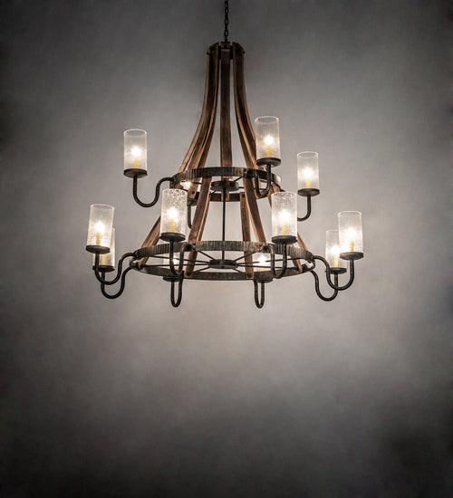 Meyda Lighting Barrel Stave 61" 12-Light Natural Wood & Golden Bronze Chandelier With Crystal Rainfall Idalight Shade