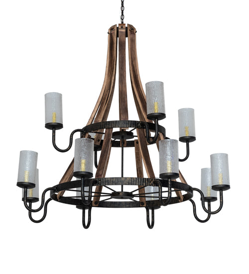 Meyda Lighting Barrel Stave 61" 12-Light Natural Wood & Golden Bronze Chandelier With Crystal Rainfall Idalight Shade