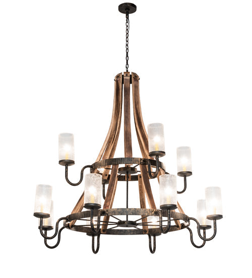 Meyda Lighting Barrel Stave 61" 12-Light Natural Wood & Golden Bronze Chandelier With Crystal Rainfall Idalight Shade